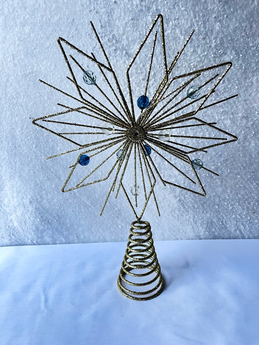 Gold Glitter Starburst Christmas Tree Topper Ornament Blue & Clear Acrylic Gems